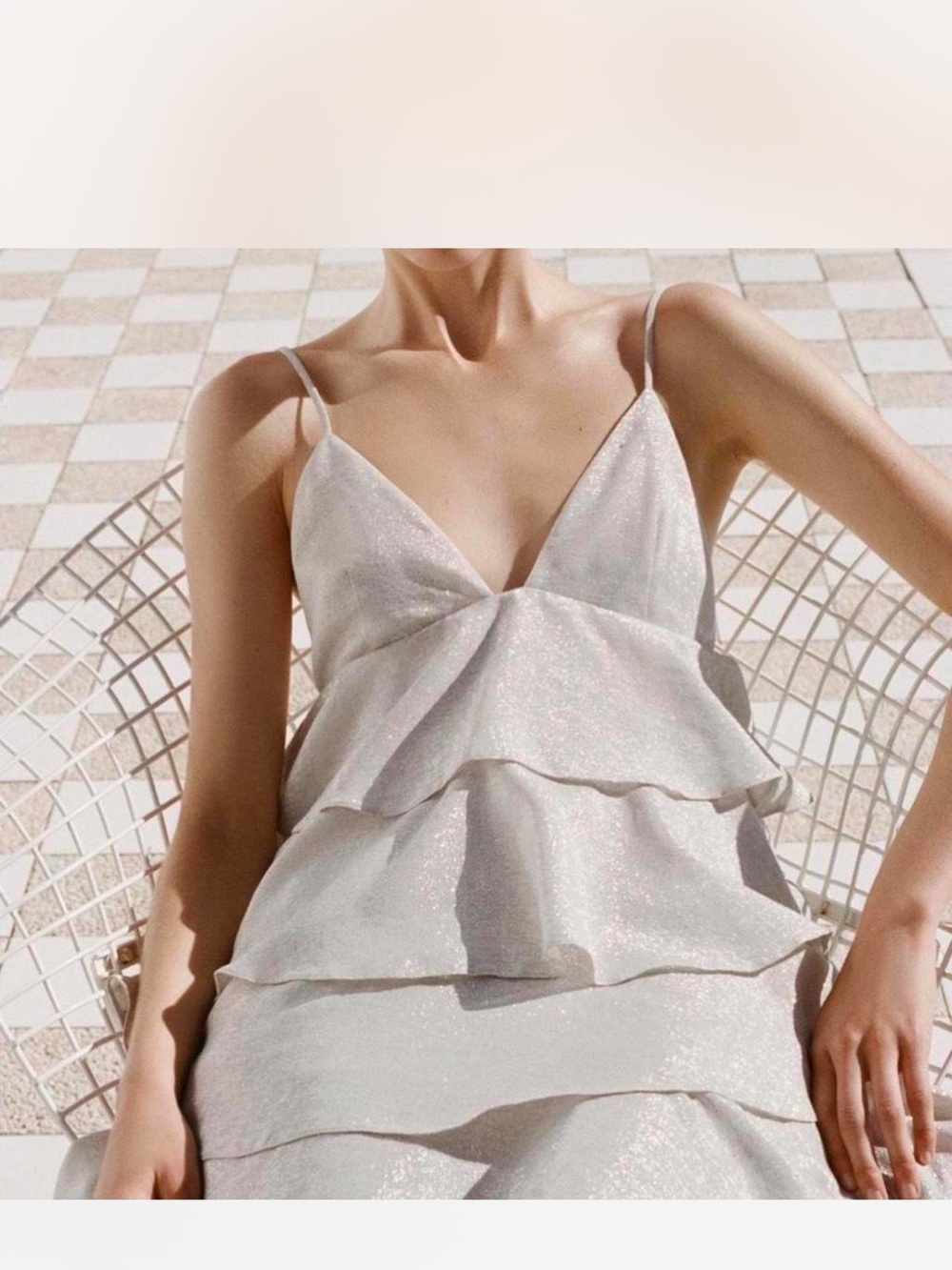 Zara Shimmer Tiered Slip Dress in Ivory with Spaghetti Straps